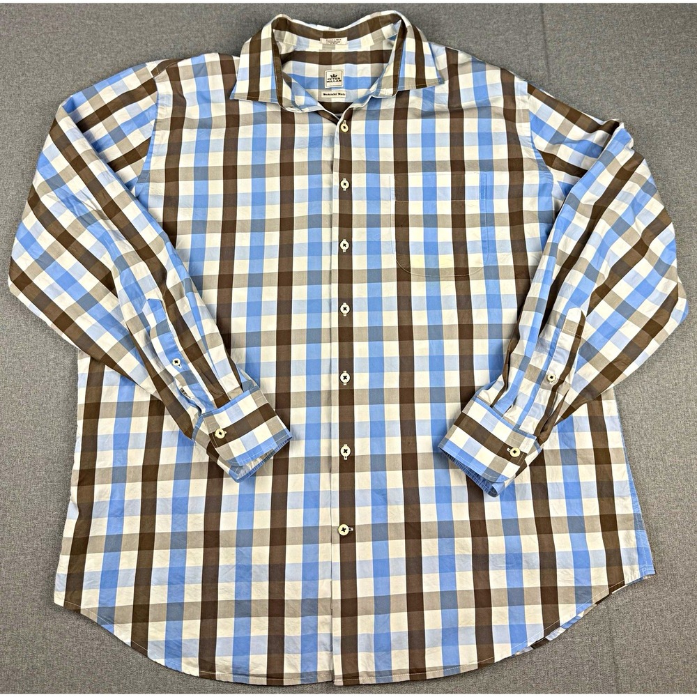 Peter Millar Weekender Wash Mens XL Plaid Button-Up Long Sleeve Blue Brown